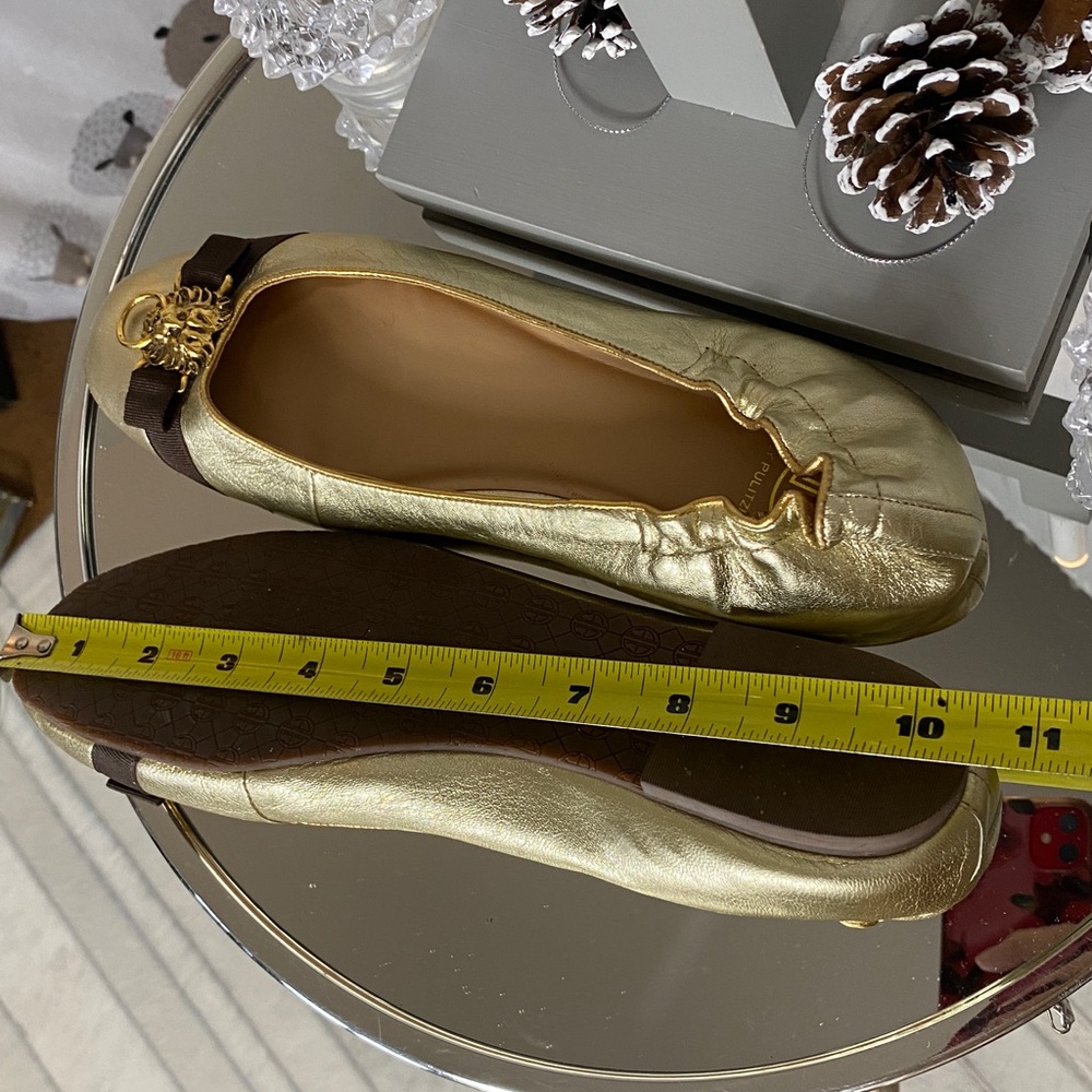 Lilly Pulitzer Gold Leather Ballet Flats Lion Heads Knock Brown Ribbon Size 9 - Picture 10 of 16